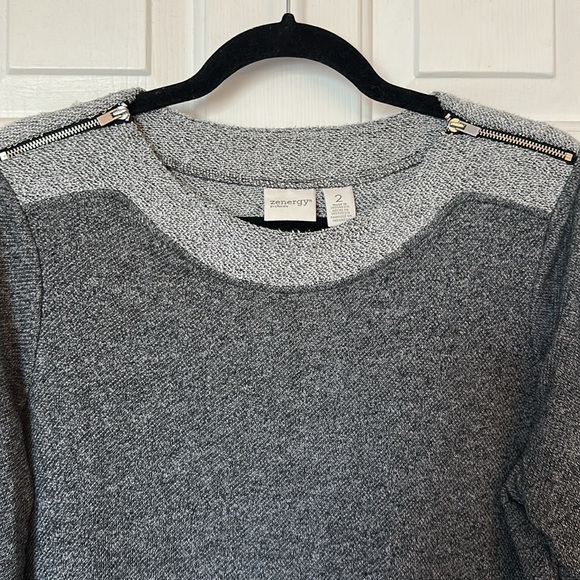 Zenergy -Chico’s gray terry zipper shoulder asymmetrical hem top size L / 12 - Picture 2 of 5